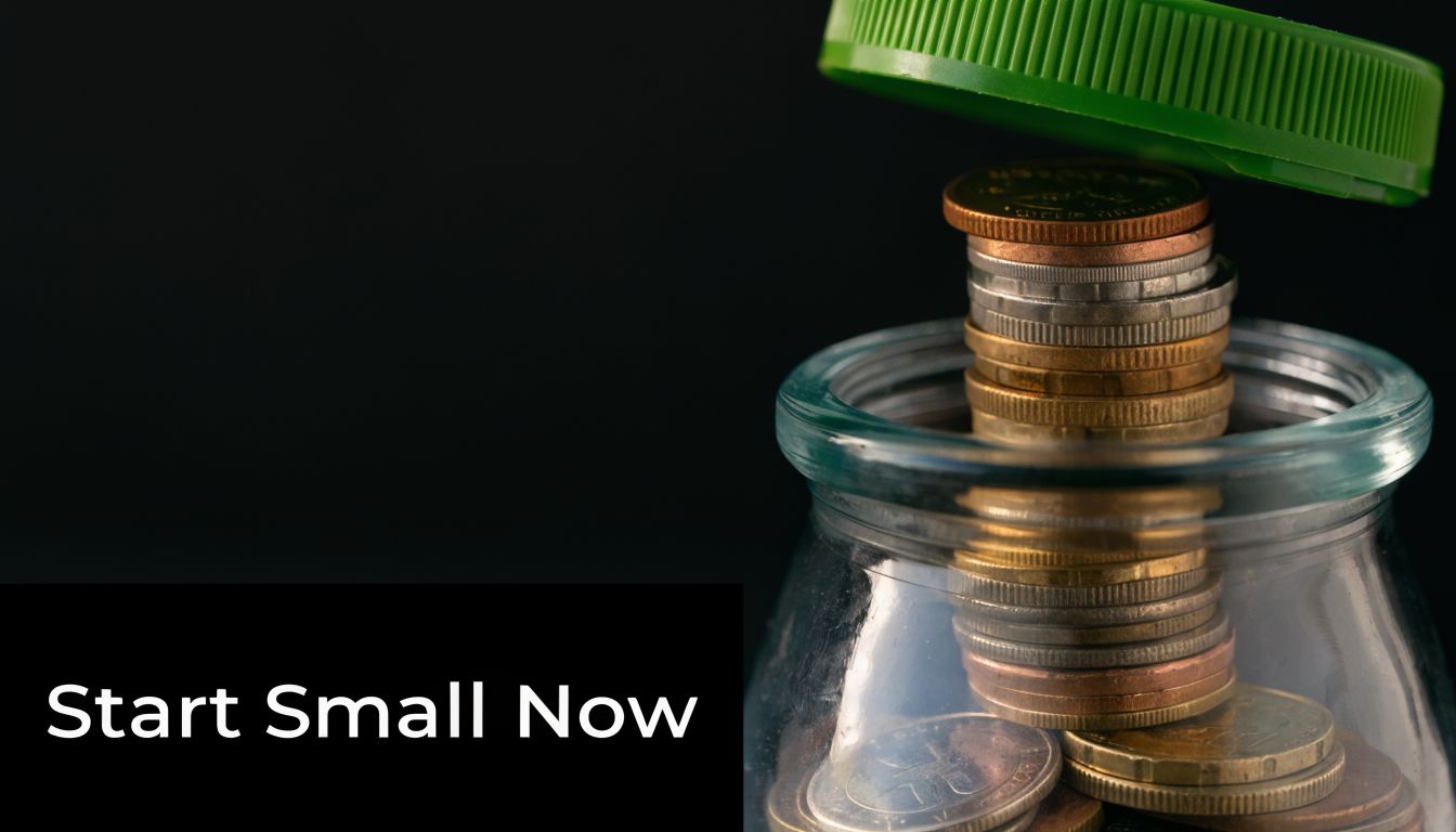 A glass jar filled with stacked coins and a green lid, with text reading Start Small Now.