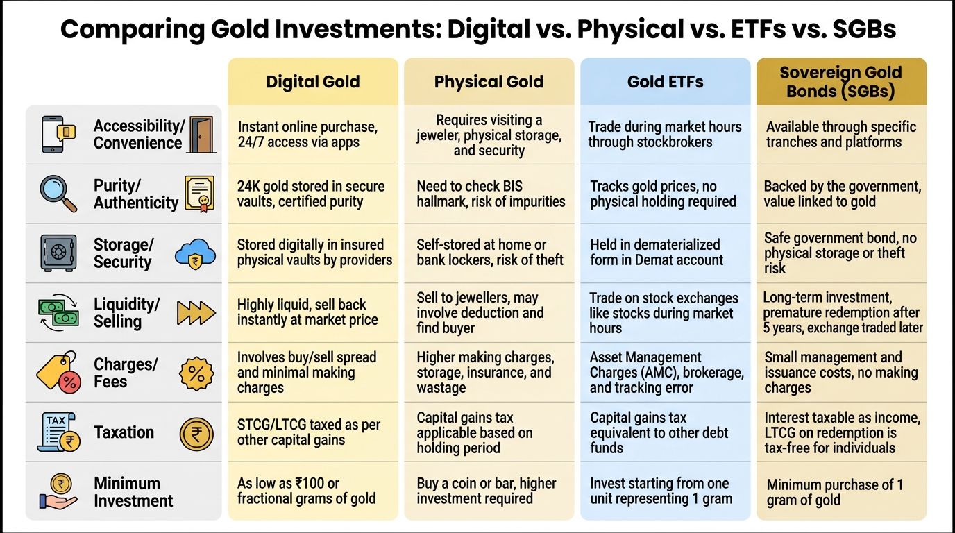 A comparison table outlining the key differences between digital gold, physical gold, gold ETFs, and sovereign gold bonds.
