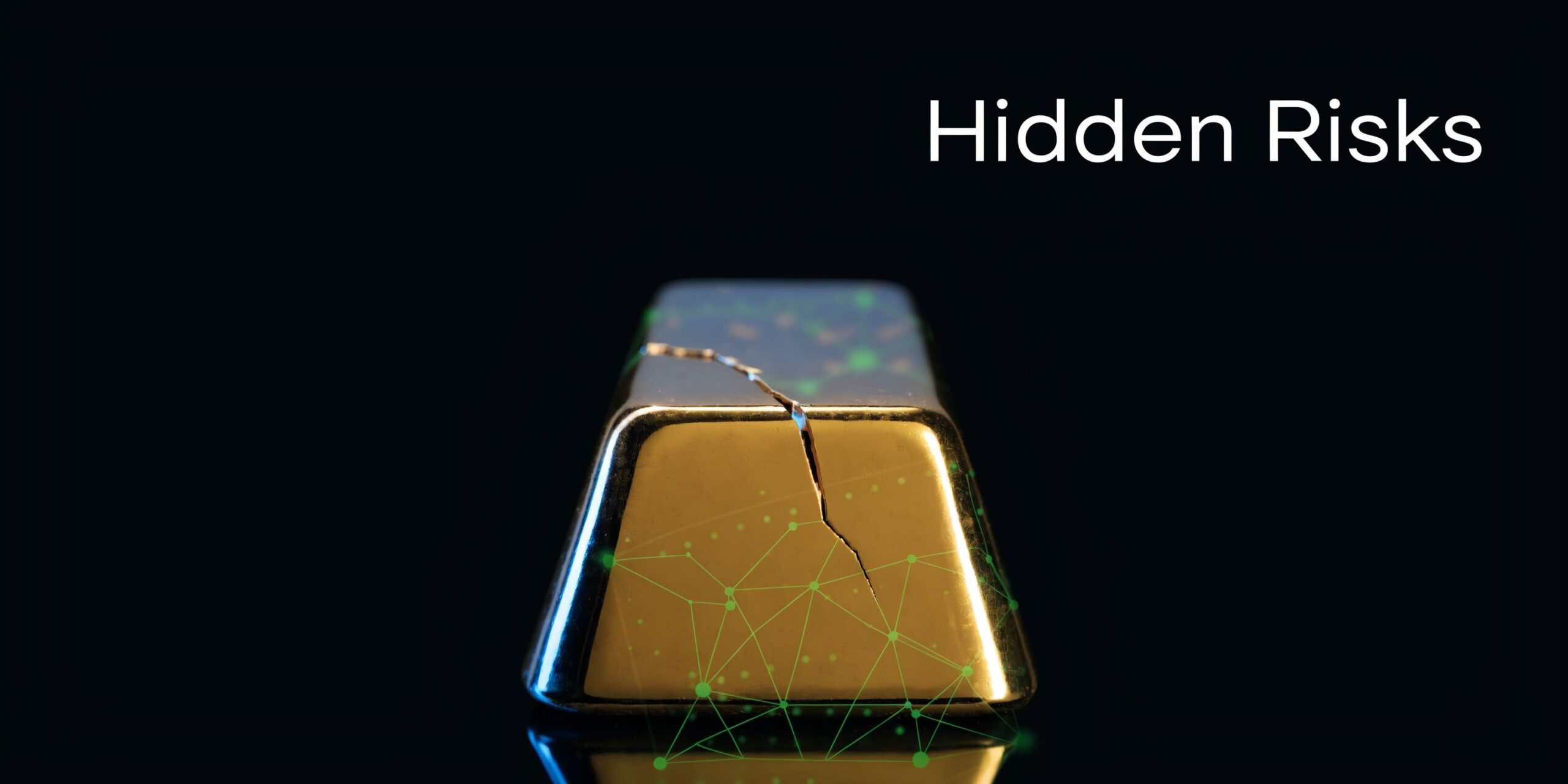 A cracked gold bar with digital green network lines, symbolizing potential risks in digital gold investments.