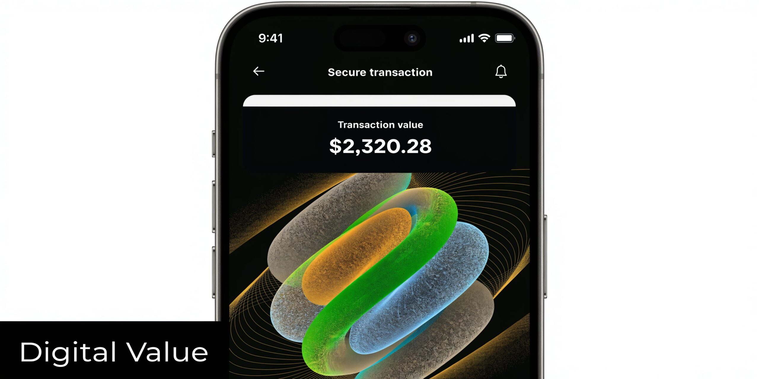 A smartphone screen displaying a secure transaction interface with a large currency value of $2,320.28.