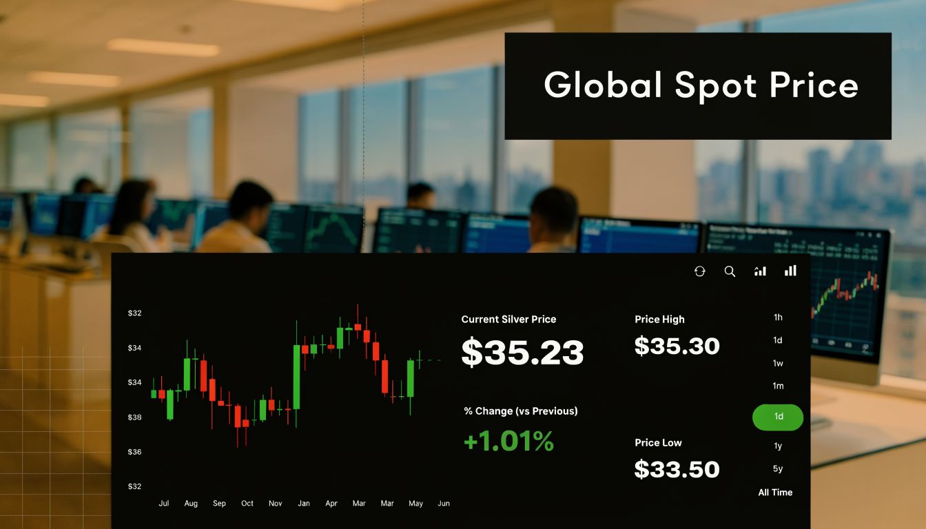 A digital financial dashboard displaying real-time global spot price data for silver with candlestick charts and metrics.