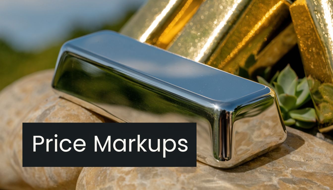 A shiny silver bar resting on decorative stones next to gold bullion and small green succulent plants.