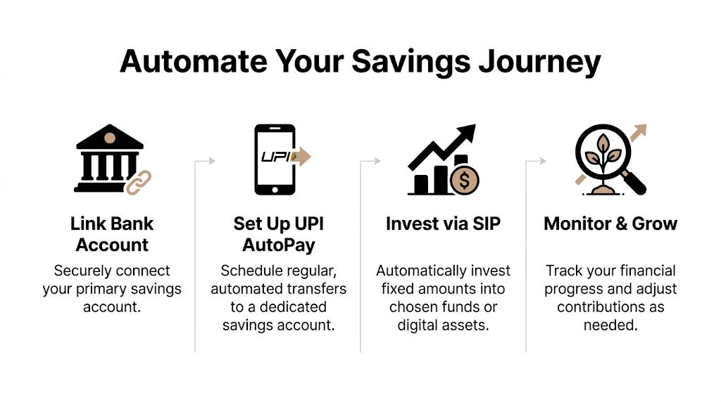 An infographic showing four steps to automate your savings journey using UPI AutoPay and SIP investments.