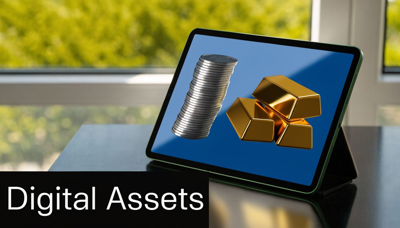 A digital tablet displaying a stack of silver coins and gold bars on a blue screen background.