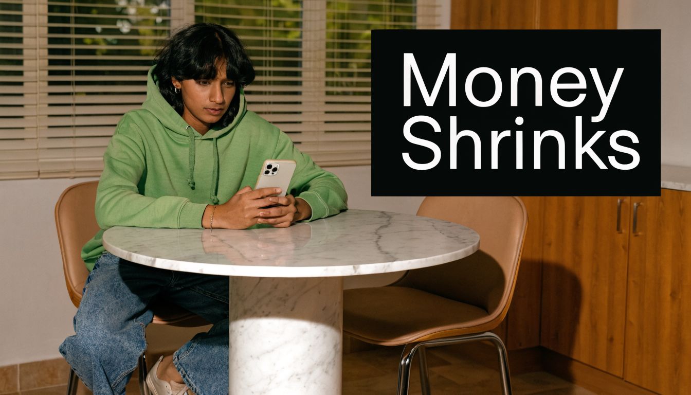 A person wearing a green hoodie sitting at a marble table while looking at their smartphone.