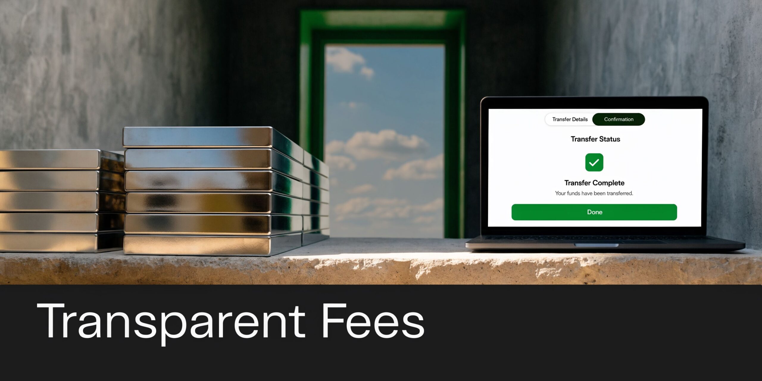 A laptop displays a transfer complete confirmation on a screen next to silver bars on a ledge.