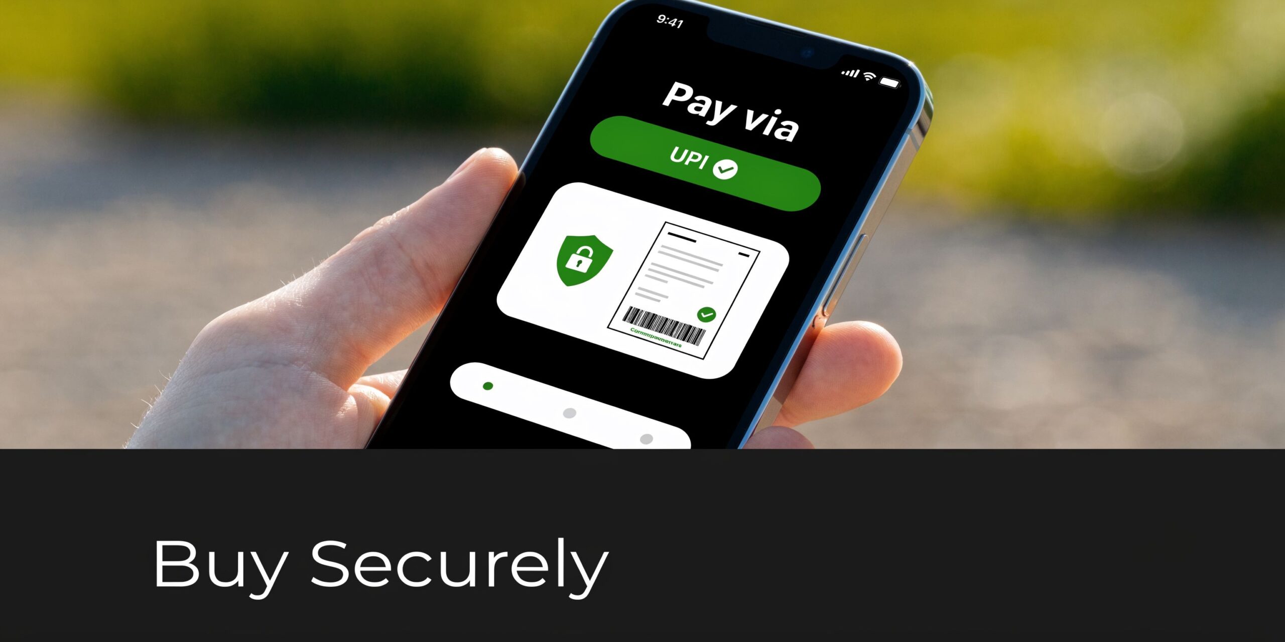 A smartphone held in a hand showing a secure digital payment interface with a UPI logo.