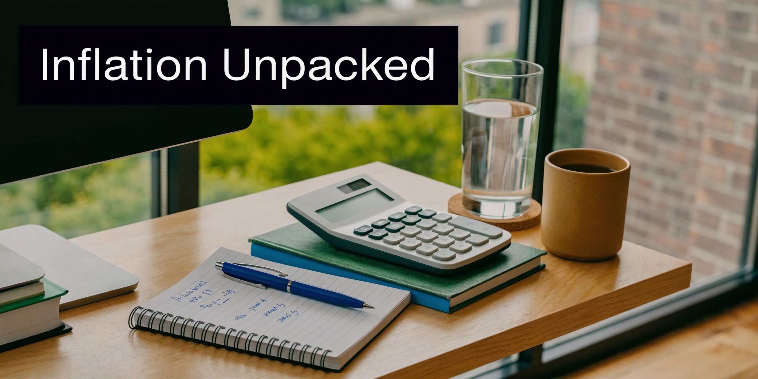 A wooden desk with a notebook, pen, calculator, and glass of water for financial planning.