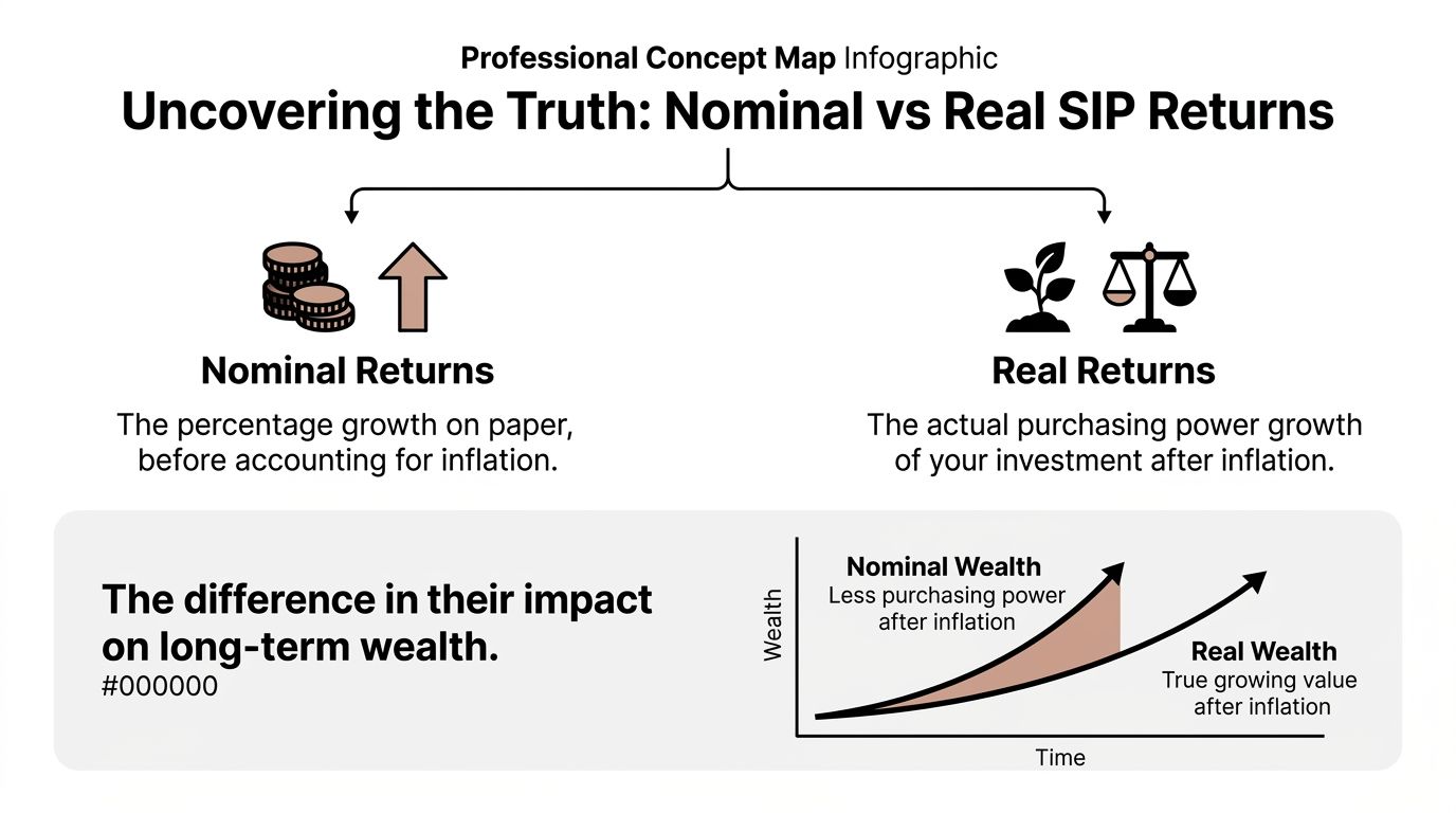A professional infographic comparing nominal versus real SIP investment returns and their impact on long-term wealth growth.