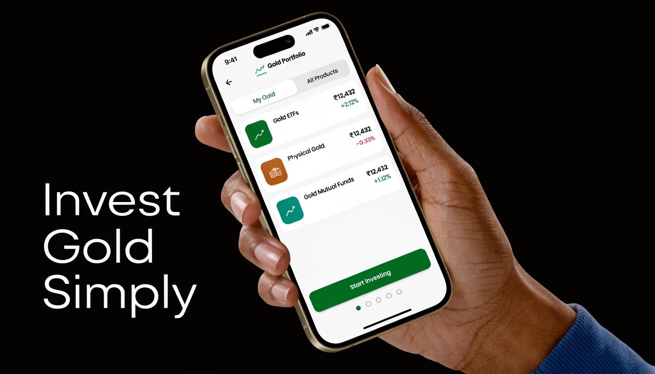 A hand holding a smartphone displaying a gold investment portfolio application with various asset options.