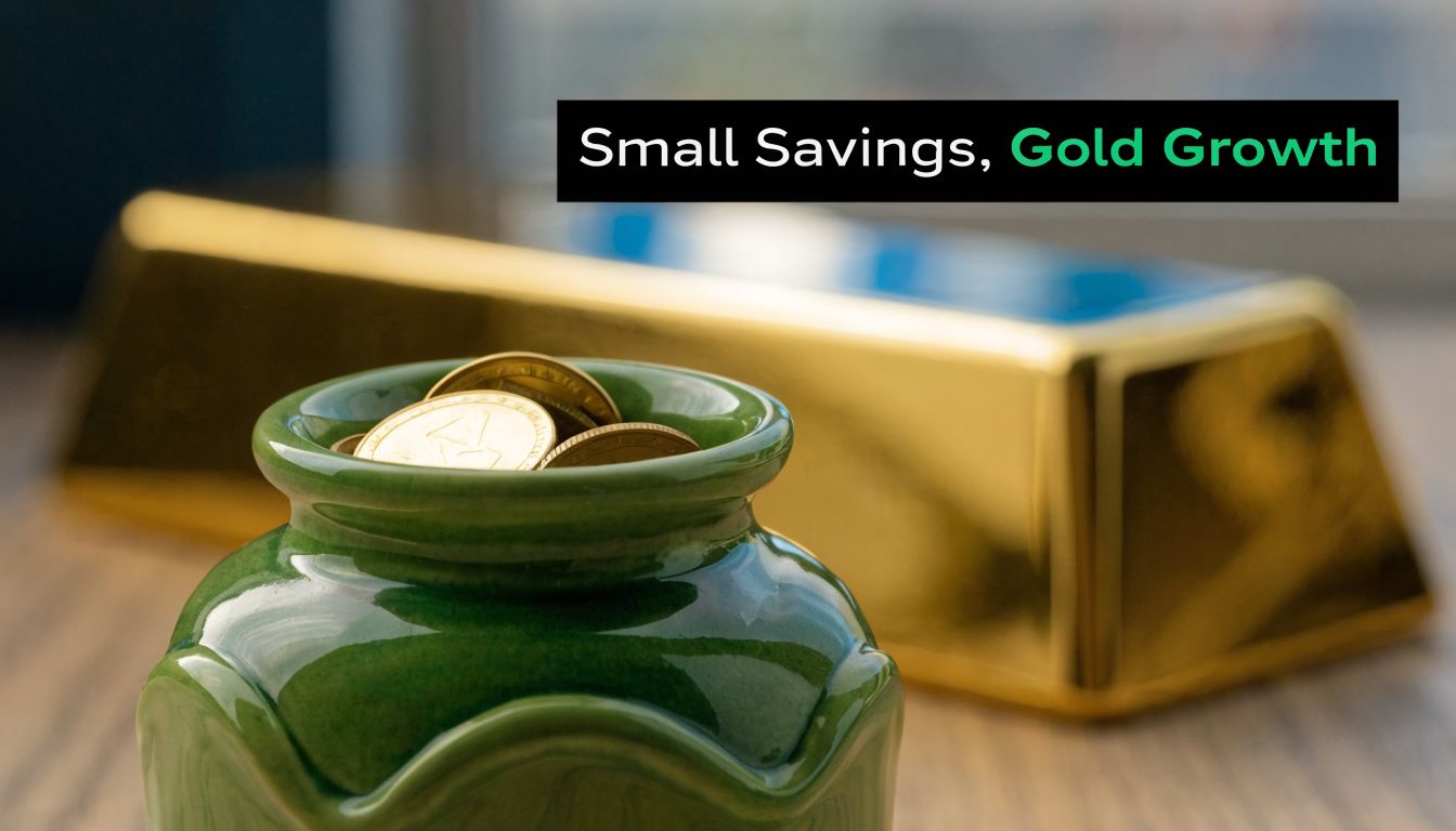A close-up view of a green ceramic pot filled with gold coins beside a shiny gold bar.