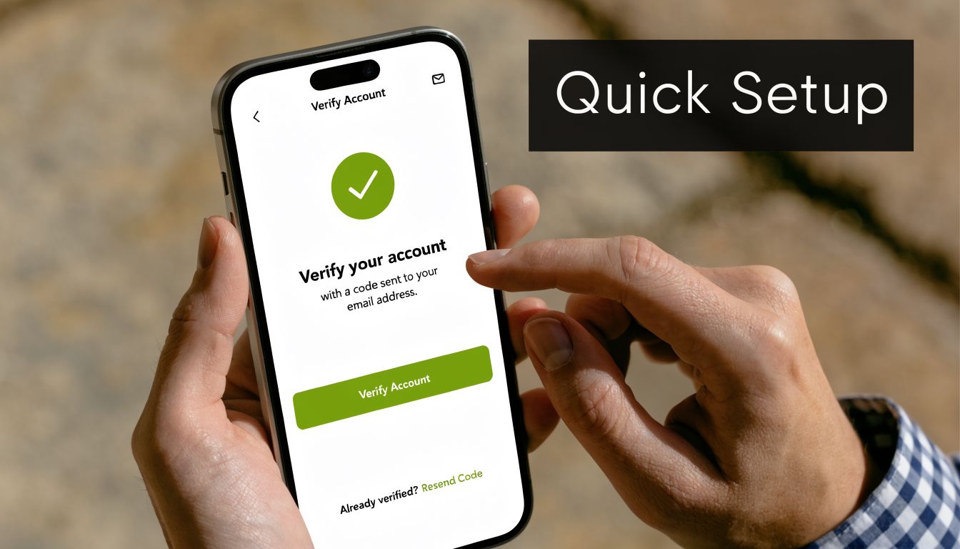 A person holding a smartphone showing an email verification screen for an account setup process.