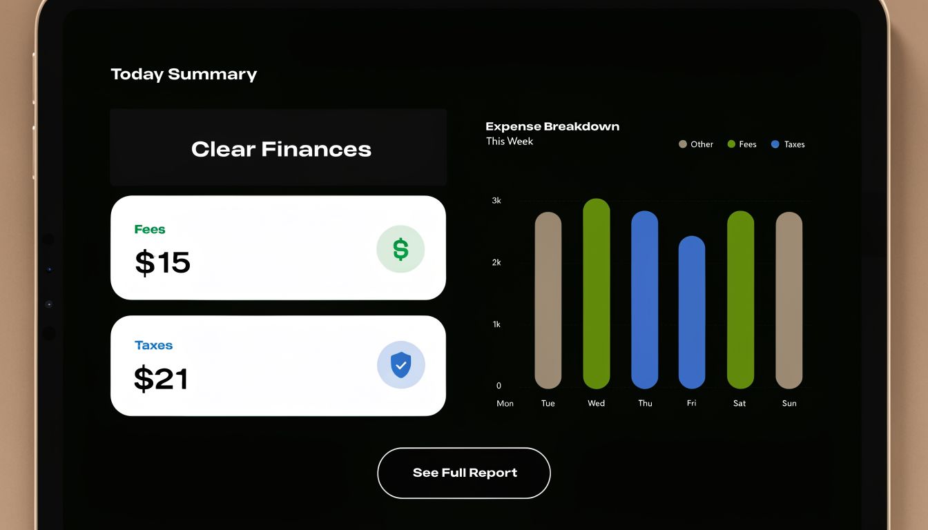 A tablet screen displaying a dark mode financial dashboard with daily summary, expense charts, and report button.