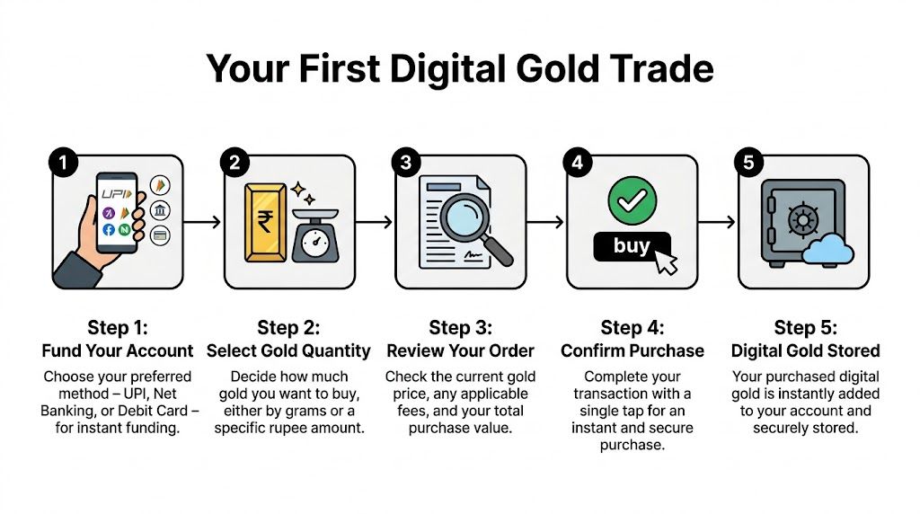 A five-step infographic illustration explaining the simple process of how to trade gold online securely.