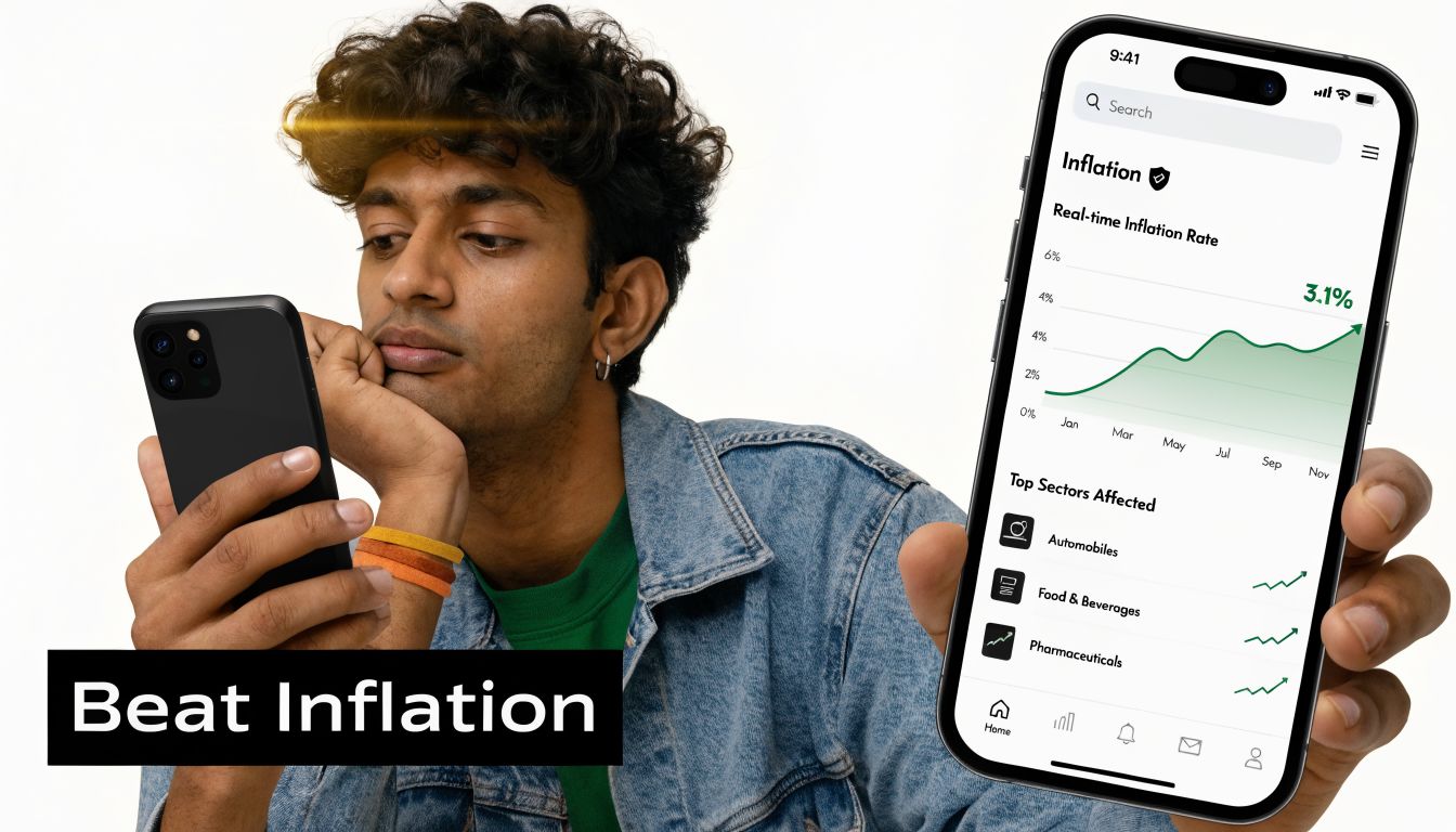 A young man looking thoughtfully at his smartphone while displaying an inflation tracking application interface.