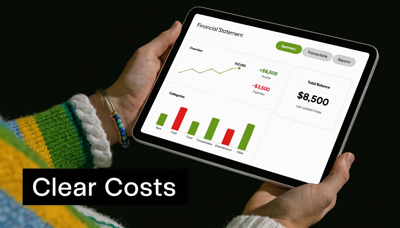 A person holds a tablet displaying a financial management application with charts and income data.