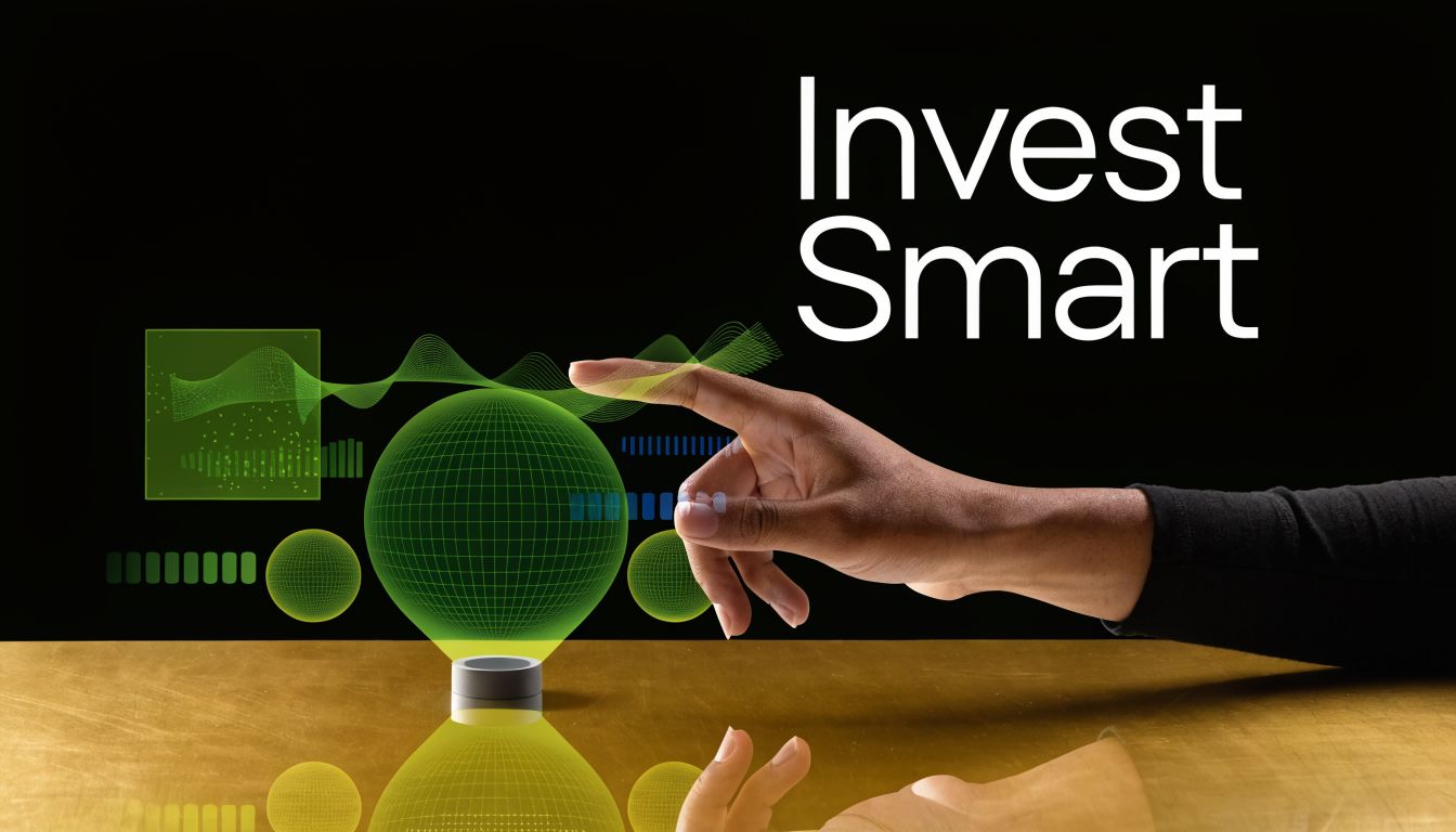A hand interacting with a futuristic digital holographic globe projection on a reflective table with text overlay.