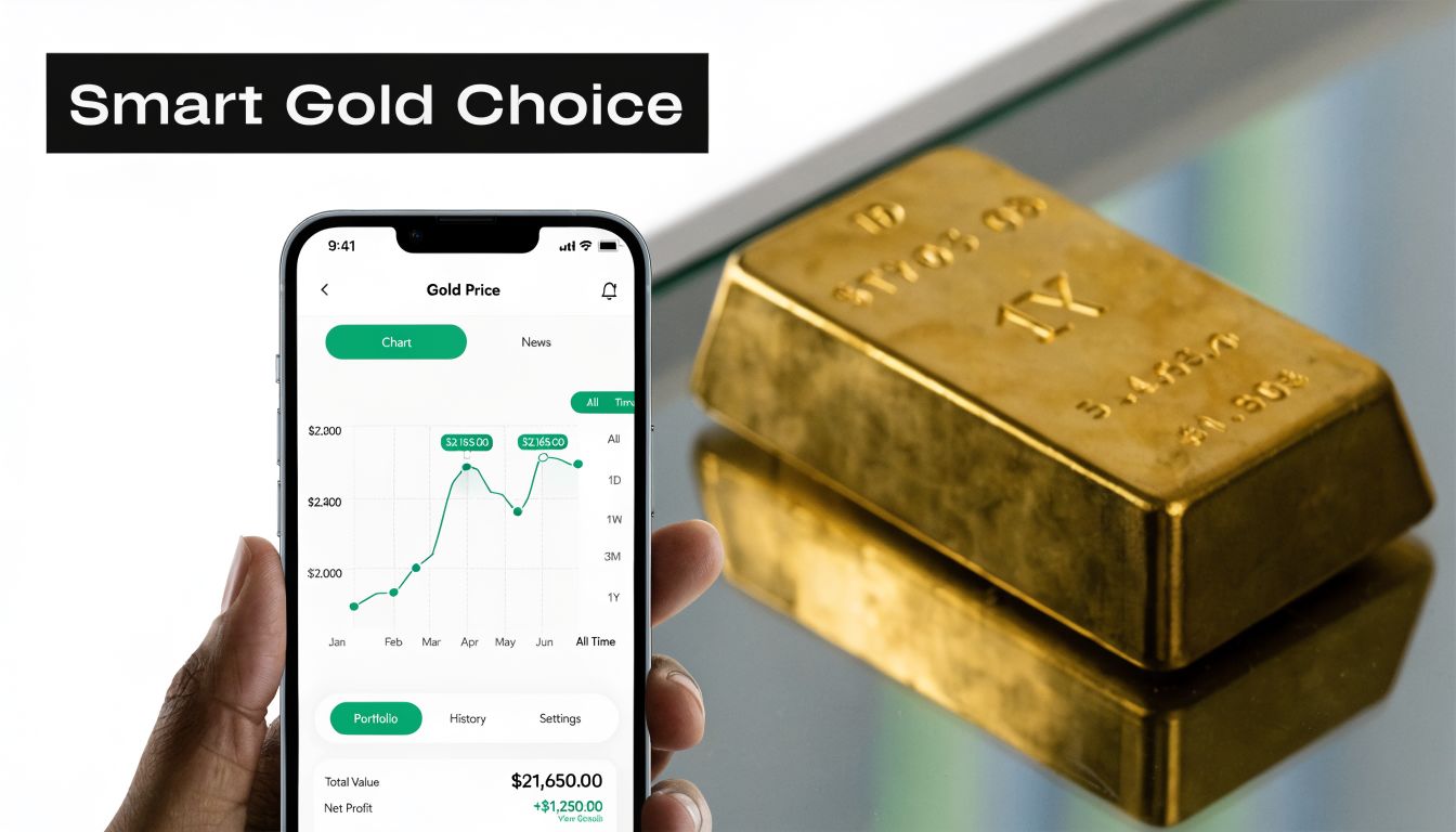 A hand holds a smartphone showing a gold investment app interface next to a physical gold bar.