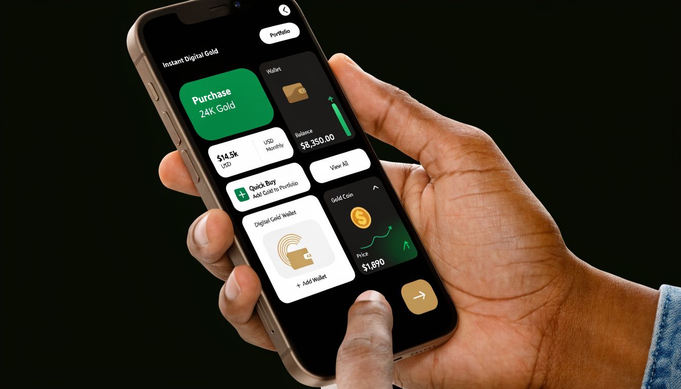 A person holding a smartphone displaying a digital gold investment mobile application interface with various finance features.