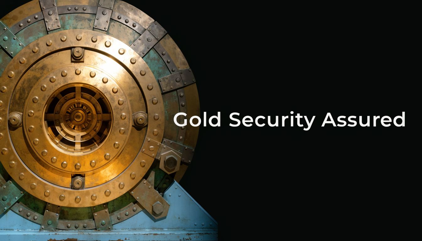 A close up view of a massive vintage gold bank vault door against a black background.