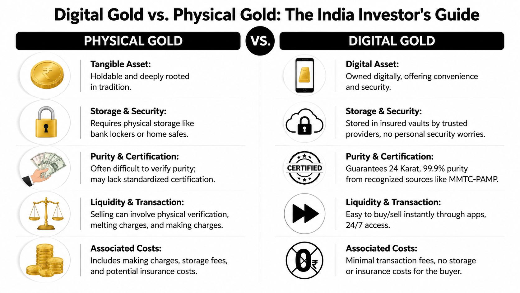 A comparison infographic between digital gold and physical gold for investors in India highlighting key differences.