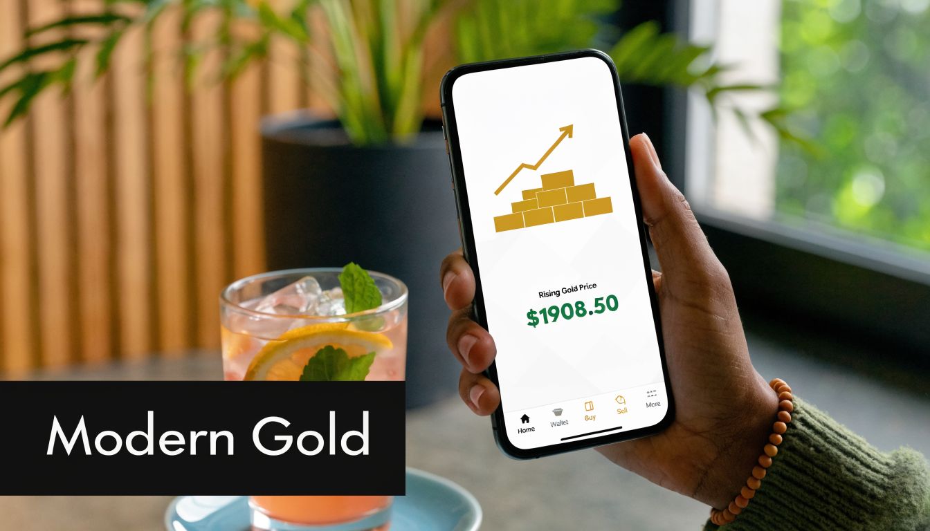 A hand holding a smartphone displaying a digital gold investment app with a rising price chart.