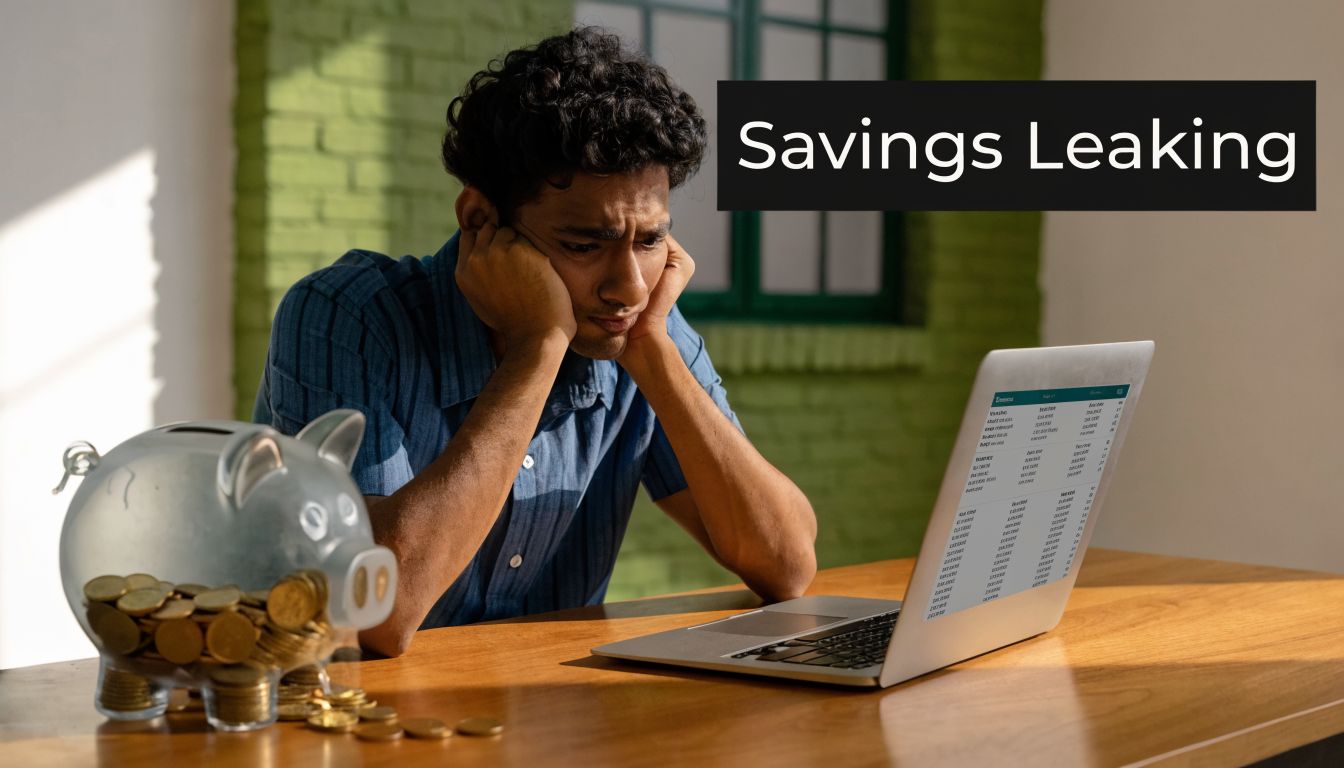 A concerned young man stares at his laptop screen next to a clear piggy bank filled with coins.