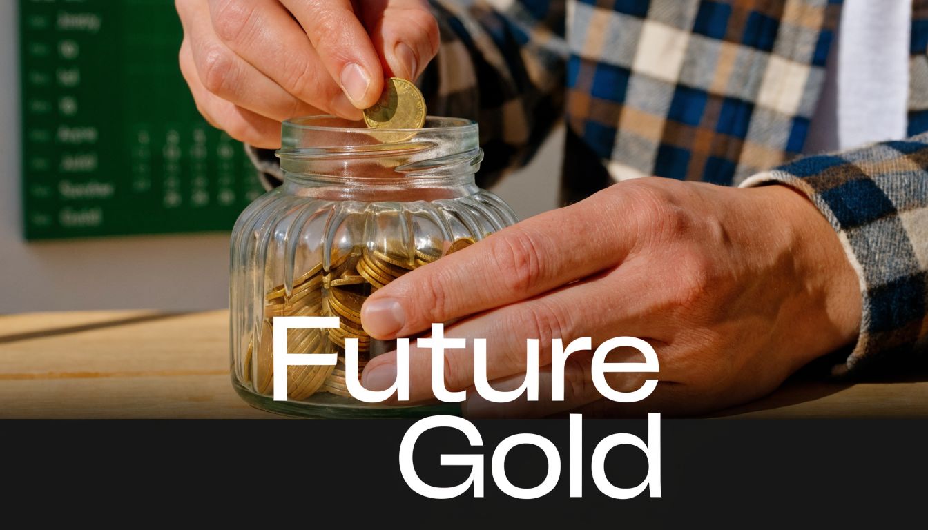 A person placing a gold coin into a glass jar representing savings for future gold investments.