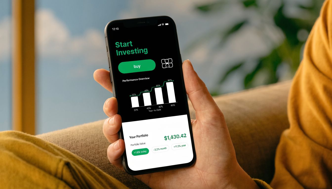 A person holding a smartphone displaying an investment portfolio dashboard with performance charts and account balance.