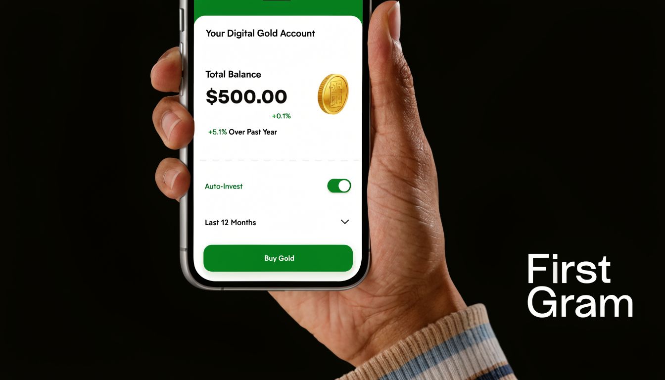 A hand holds a smartphone displaying a digital gold investment account application with a 500 dollar balance.