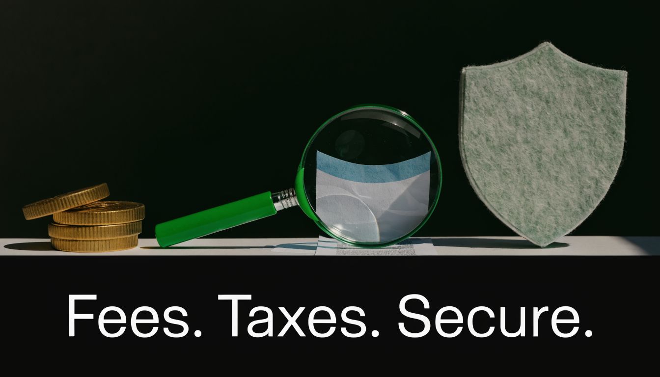 A magnifying glass inspecting documents next to a stack of gold coins and a protective shield icon.