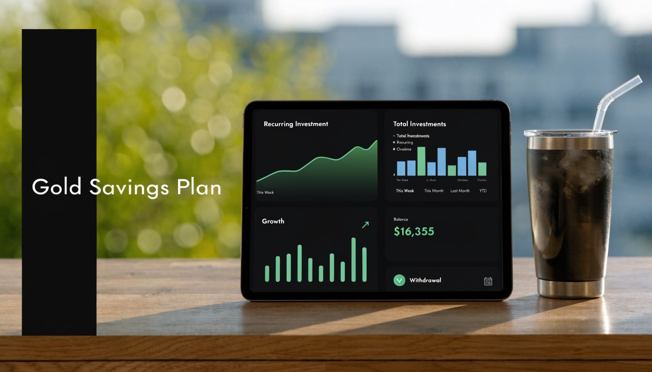 A digital tablet displaying a gold savings plan dashboard with investment charts and balance on a wooden table.