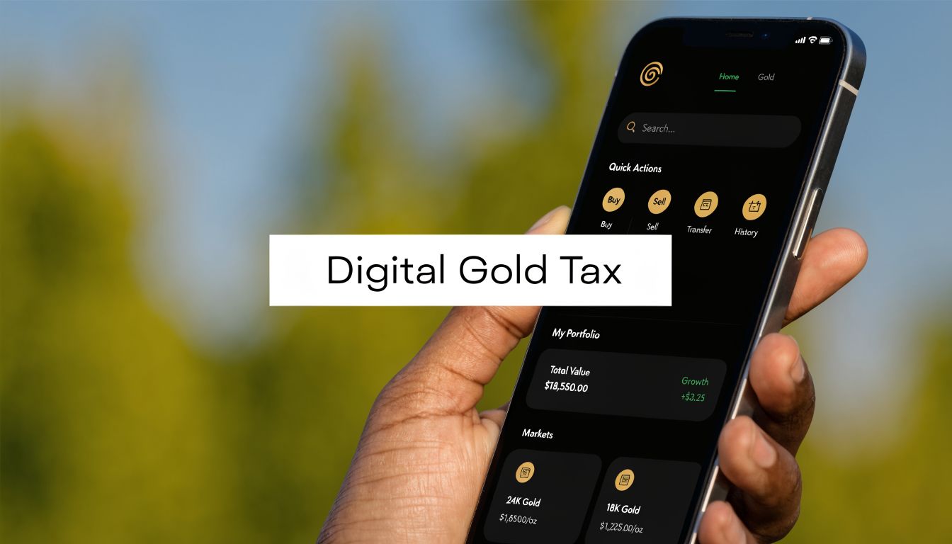 A hand holding a smartphone displaying a digital gold investment application with investment options and portfolio data.