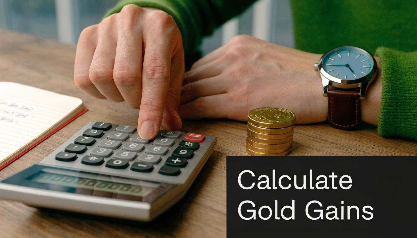 A person using a calculator to calculate gold gains with a stack of gold coins nearby.